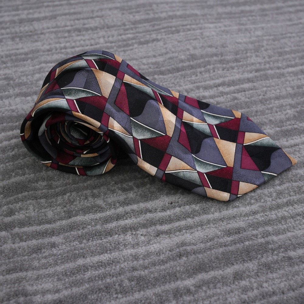Colours by Alexander Julian Mens Silk Tie Geometric Abstract Burgundy Gold 90s